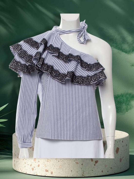 Veronica Beard Tops - Veronica Beard Navy and White Striped One-Shoulder Ruffle Blouse
